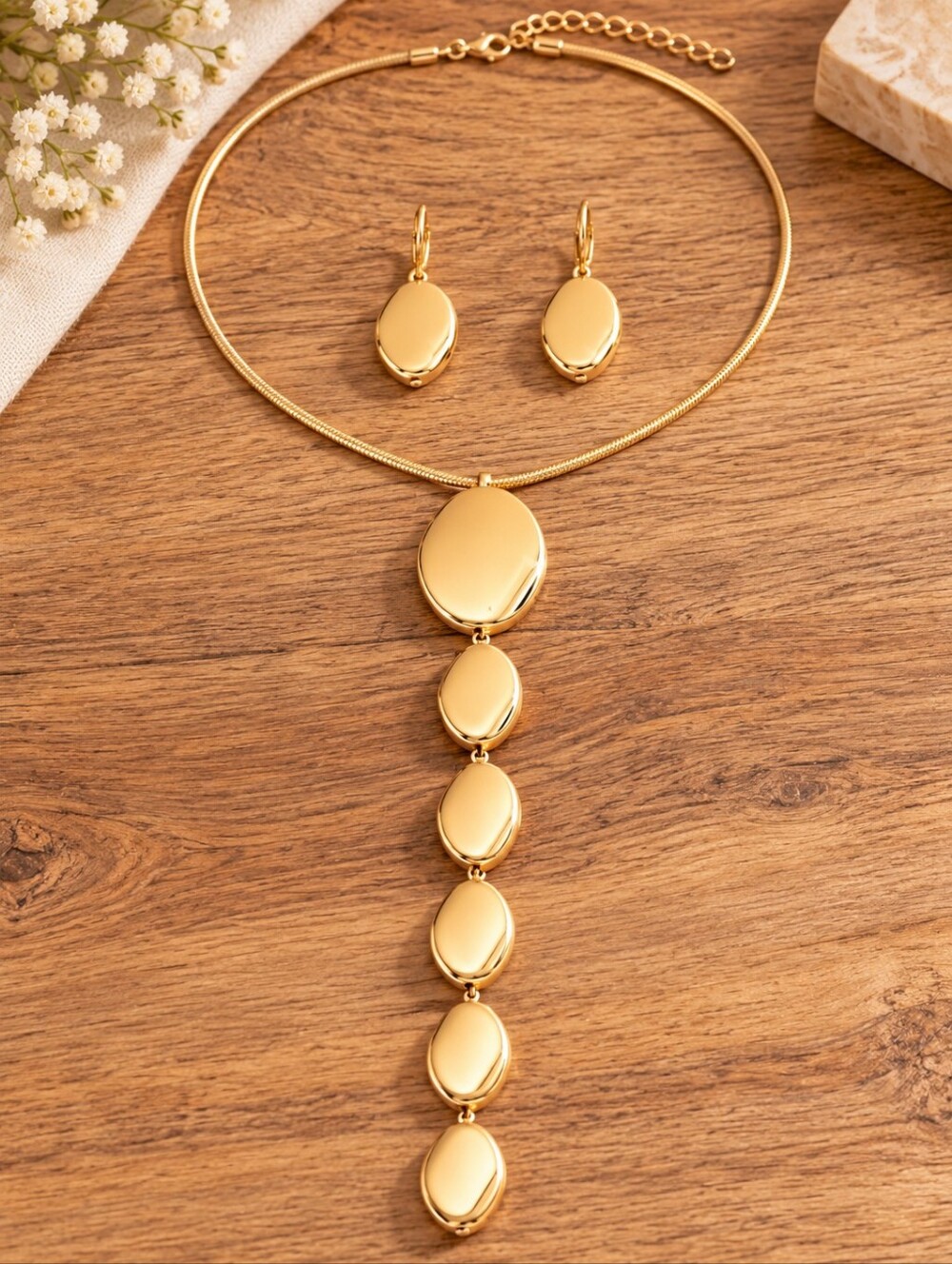 Gold Tone Statement Necklace Earrings Set Long Drop Pendant Jewelry NWT #10